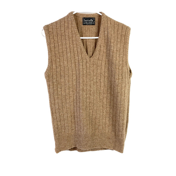 Vintage 70s Bernette Ribbed V-Neck Brown Sweater Vest Mens Medium - Picture 1 of 4